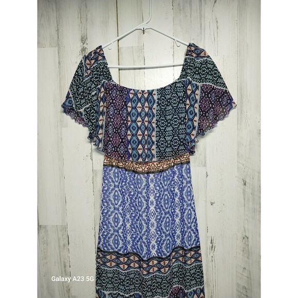 Chicos Dress Women 00 US Extra Small Blue Ikat Peasant Maxi Off Shoulder Blouson - Picture 3 of 8